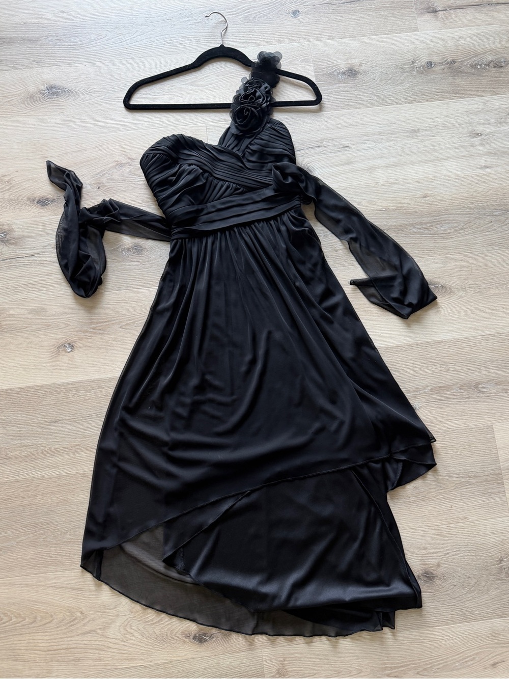 DB Studio Black One-Shoulder High-Low Chiffon Dress with Floral Strap
